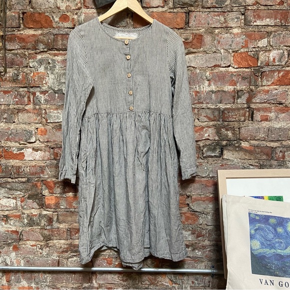 SOLD | NotPerfectLinen | Mama Midi Dress | Natural Grey Stripe | XS - Picture 4 of 7